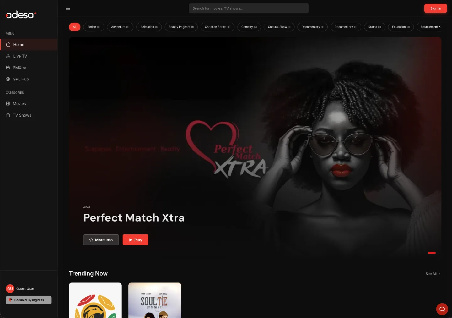 The adesa+ home page with Perfect Match Xtra as the hero, and Live TV, PMXtra and GPL Hub in the menu