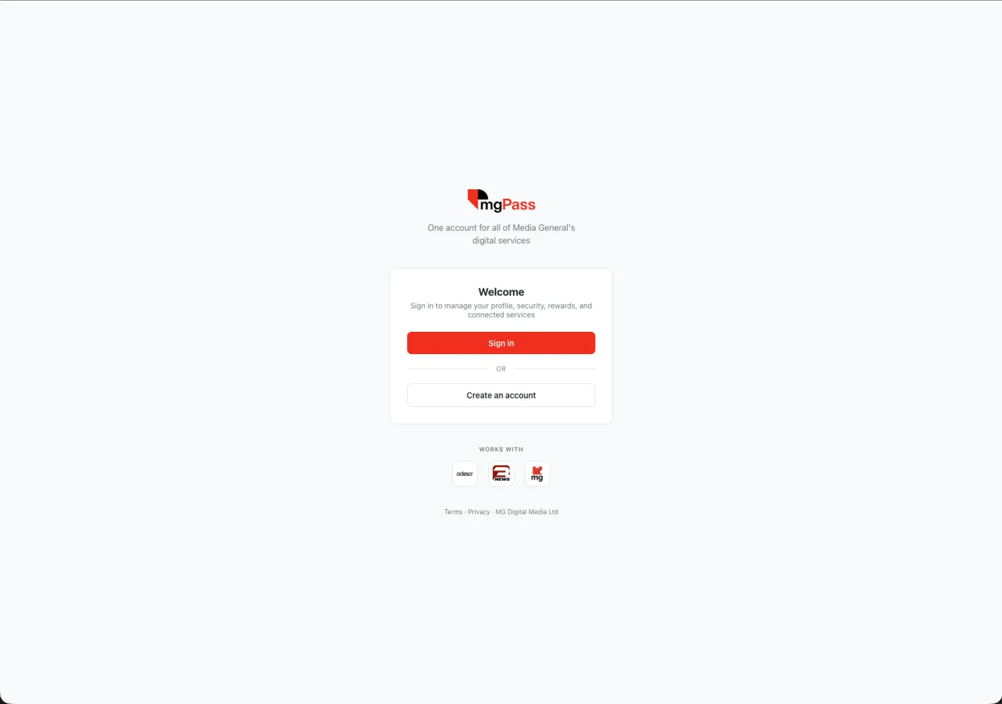 The mgPass welcome screen: one account for all of Media General's digital services, with Sign in and Create an account, and the adesa+, 3News and mg marks it works with