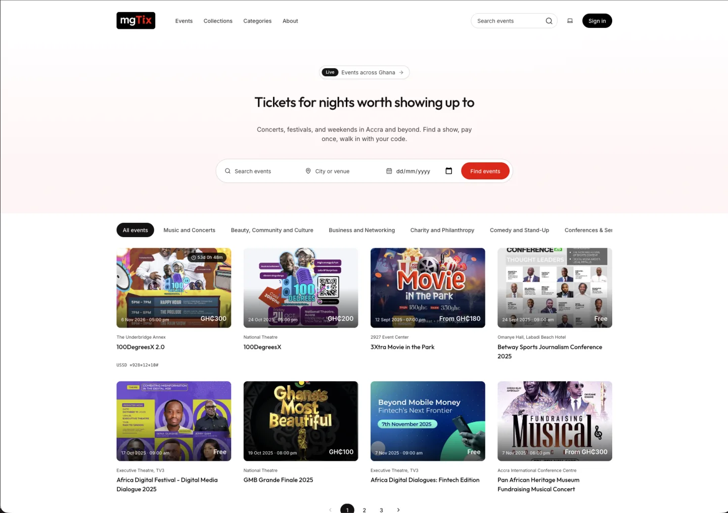 The mgTix home page: Tickets for nights worth showing up to, a search bar, and a grid of upcoming events across Ghana