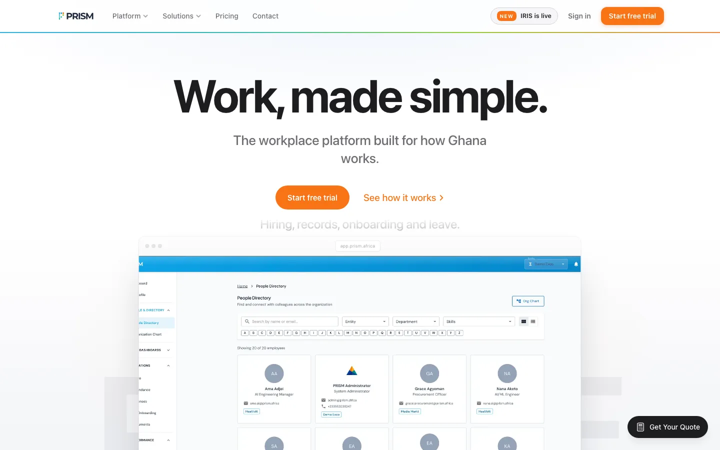 The prism.africa home page: Work, made simple, with a preview of the People Directory in the app